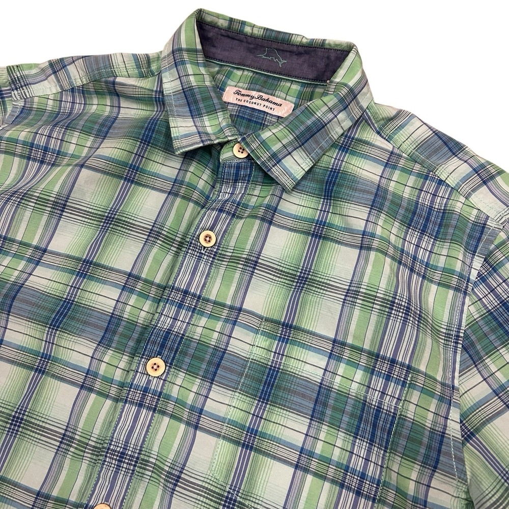 Tommy Bahama Shirt Large Blue Plaid IslandZone Coconut Point Short Sleeve Button